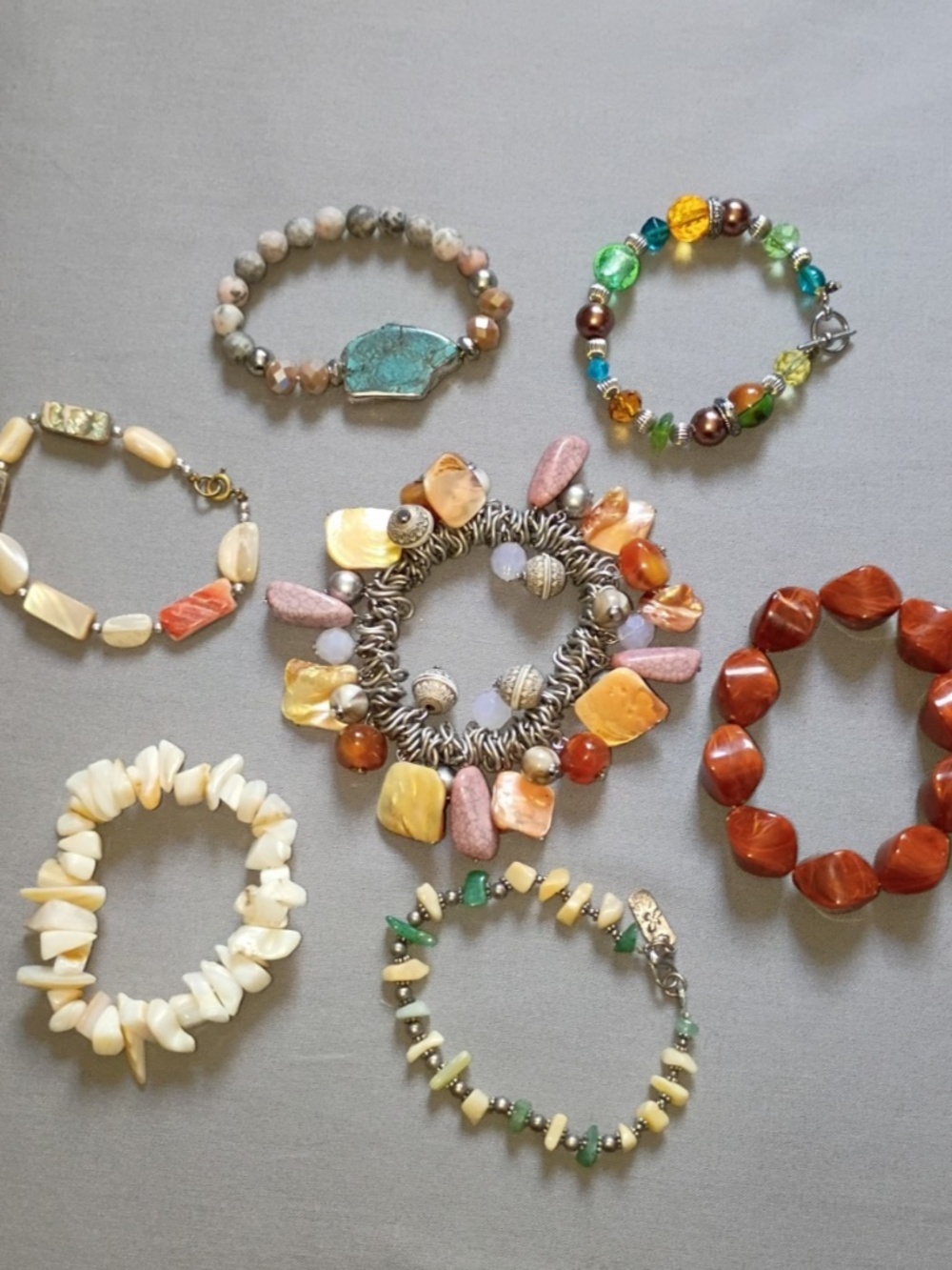 7- Boho Eclectic Stone Bead Shell Stretch Vtg Bracelets Neutrals Jewelry